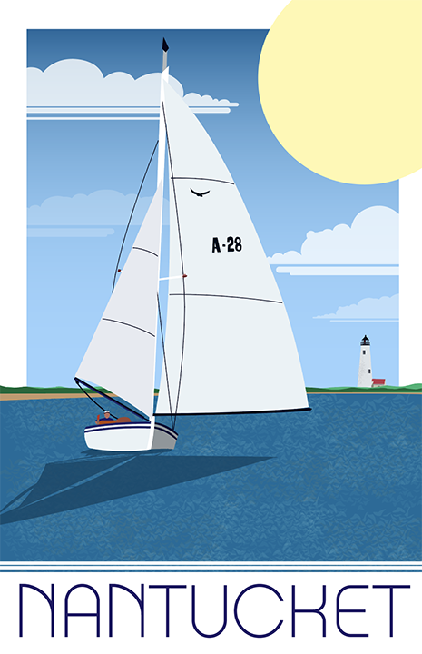 Great Point Lighthouse & Sailboat Illustration