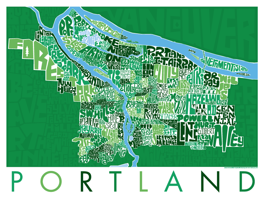 Portland Oregon Type Map Poster
