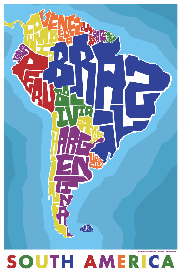 South America Countries Hand Lettered Typography Map