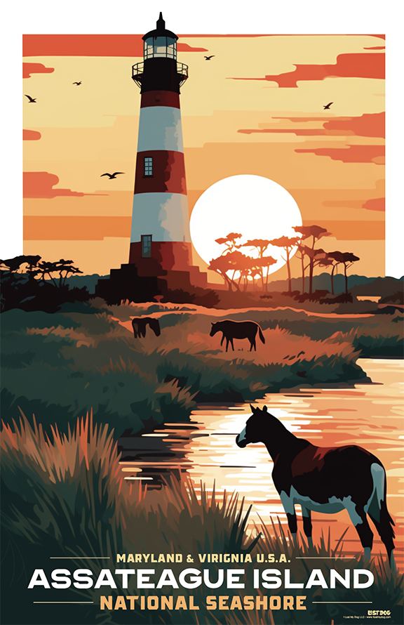 Assateague Island Lighthouse and Wild Horses Beach Illustration