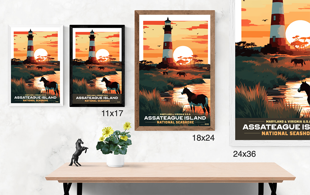Assateague Island Lighthouse and Wild Horses Beach Illustration
