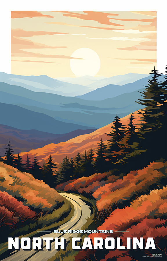 North Carolina, Blue Ridge Mountain Scene Illustration