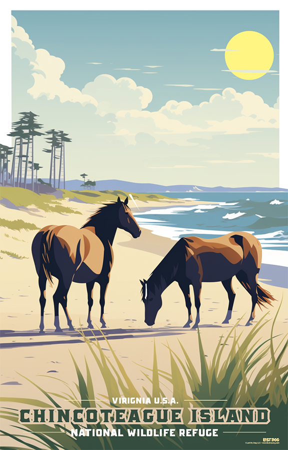 Chincoteague Island National Park Wild Horses Beach Illustration