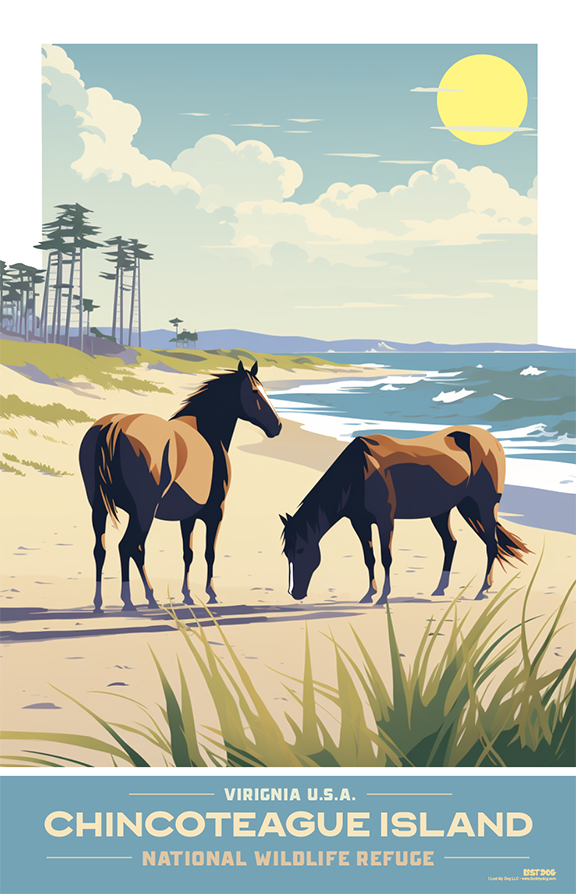 Chincoteague Island National Park Wild Horses Beach Illustration