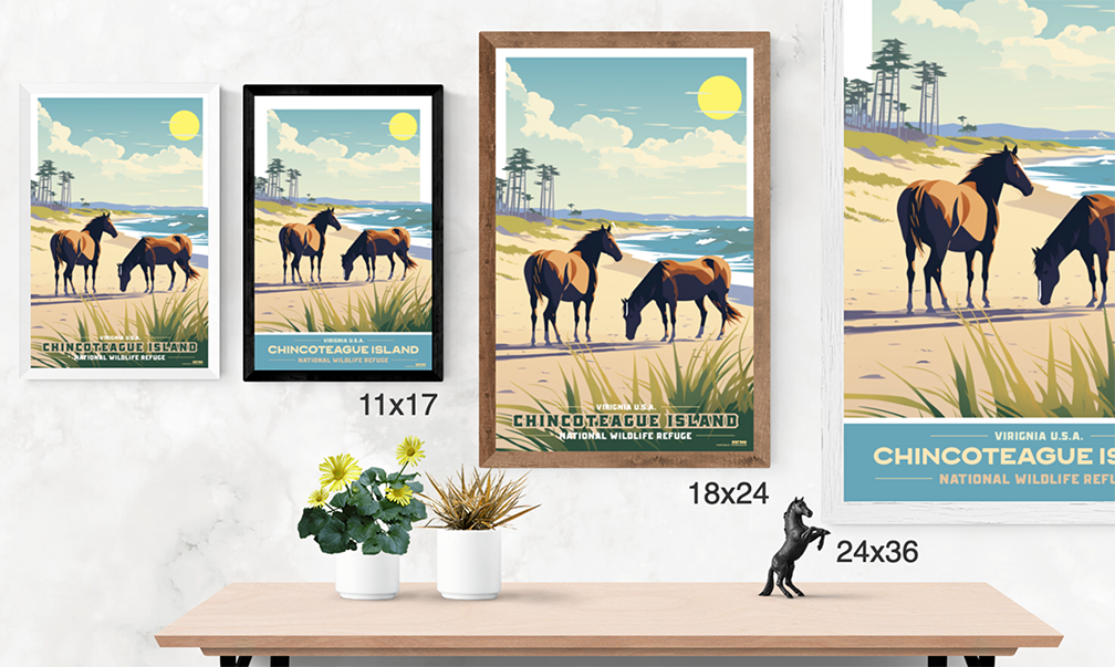 Chincoteague Island National Park Wild Horses Beach Illustration