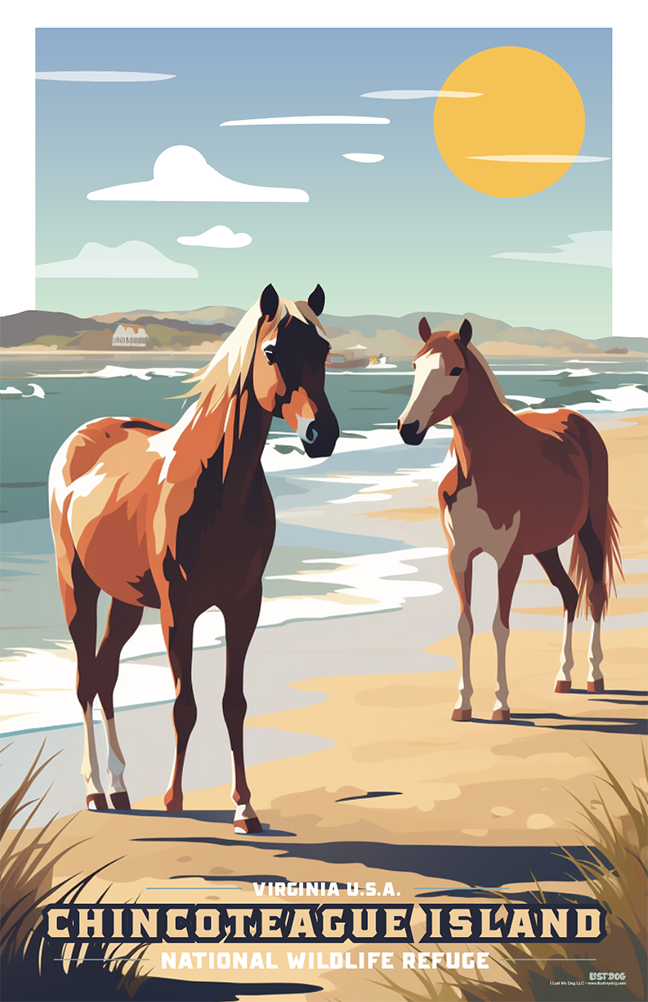 Chincoteague Island National Park Wild Horses Illustration