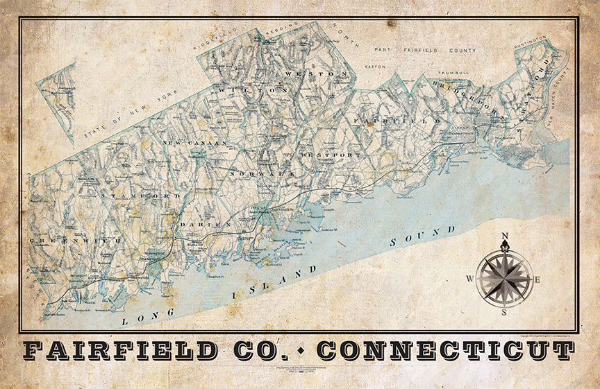 Fairfield County, Connecticut Vintage Remixed Map LOST DOG Art & Frame