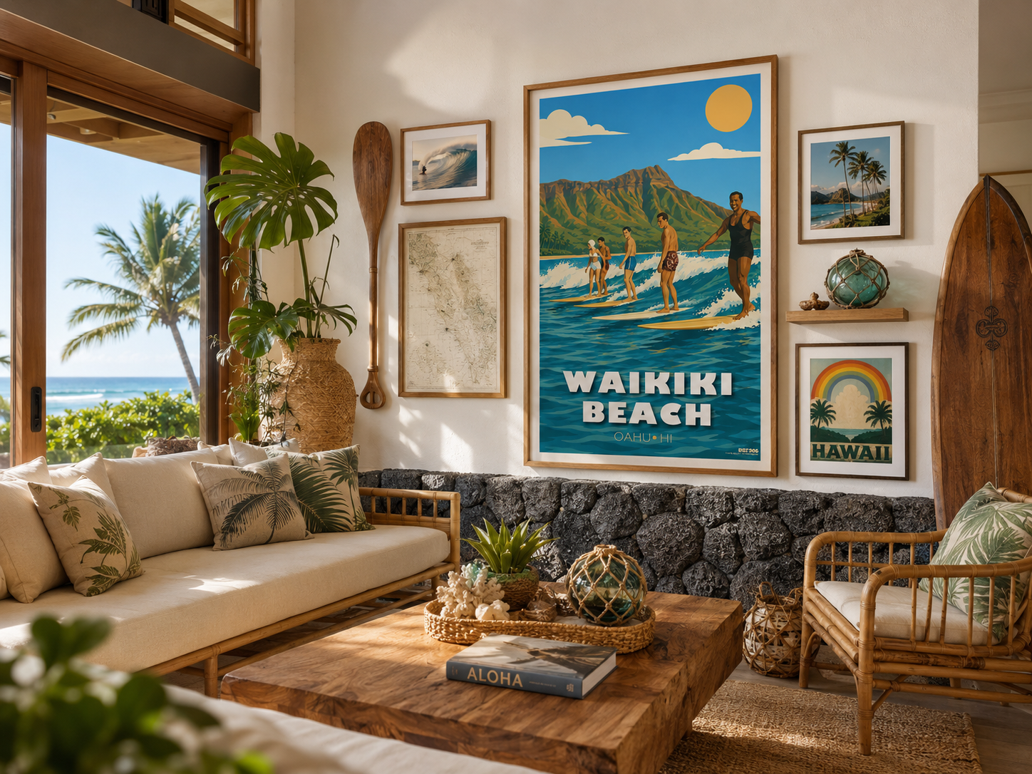 Waikiki Surfers, Oahu Hawaii Illustration Poster – LOST DOG Art