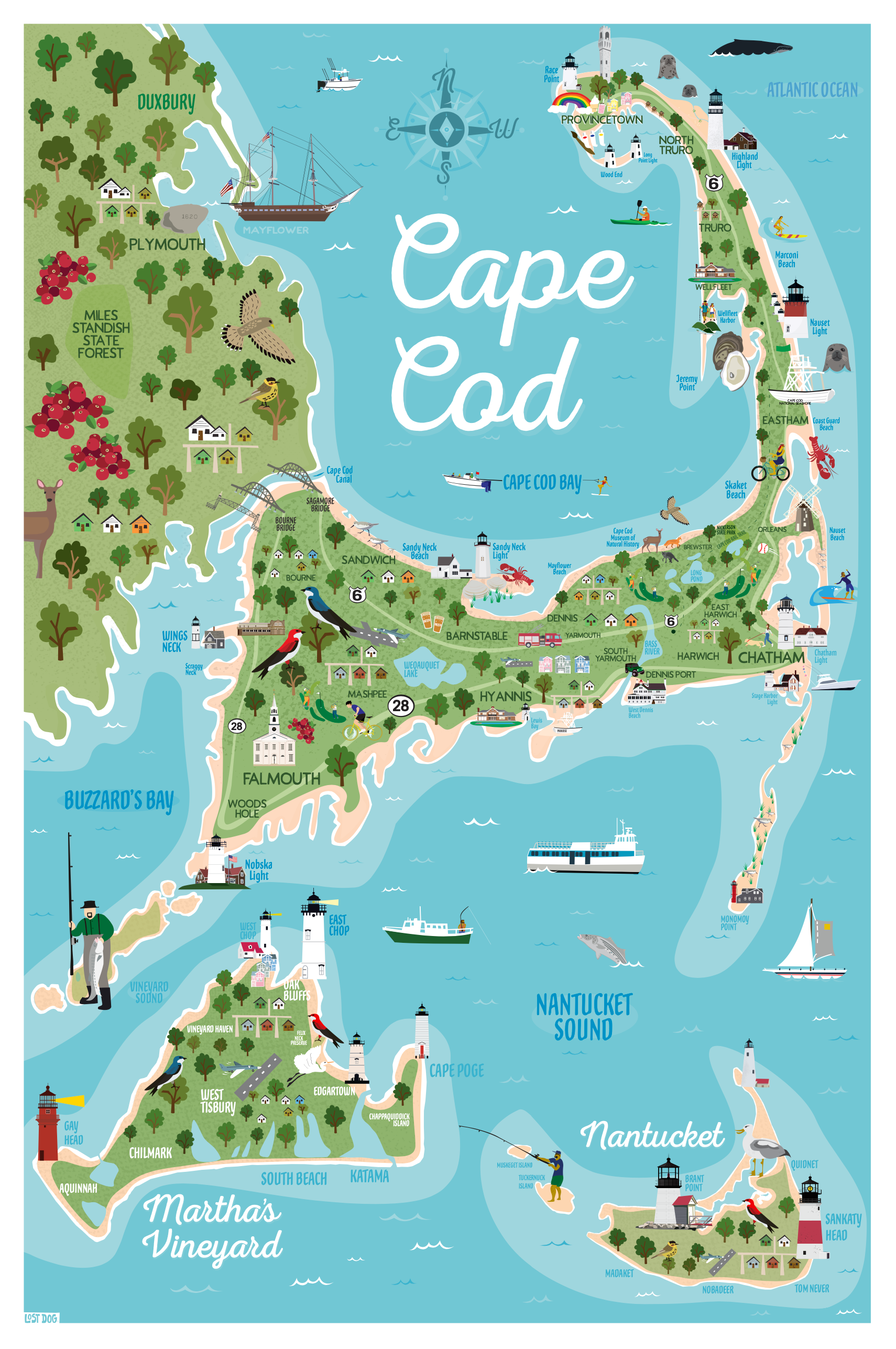cape-cod-illustrated-map-lost-dog-art-frame for Free Printable Map Of Cape Cod Cape Cod Illustrated Map – LOST DOG Art & Frame for Free Printable Map Of Cape Cod