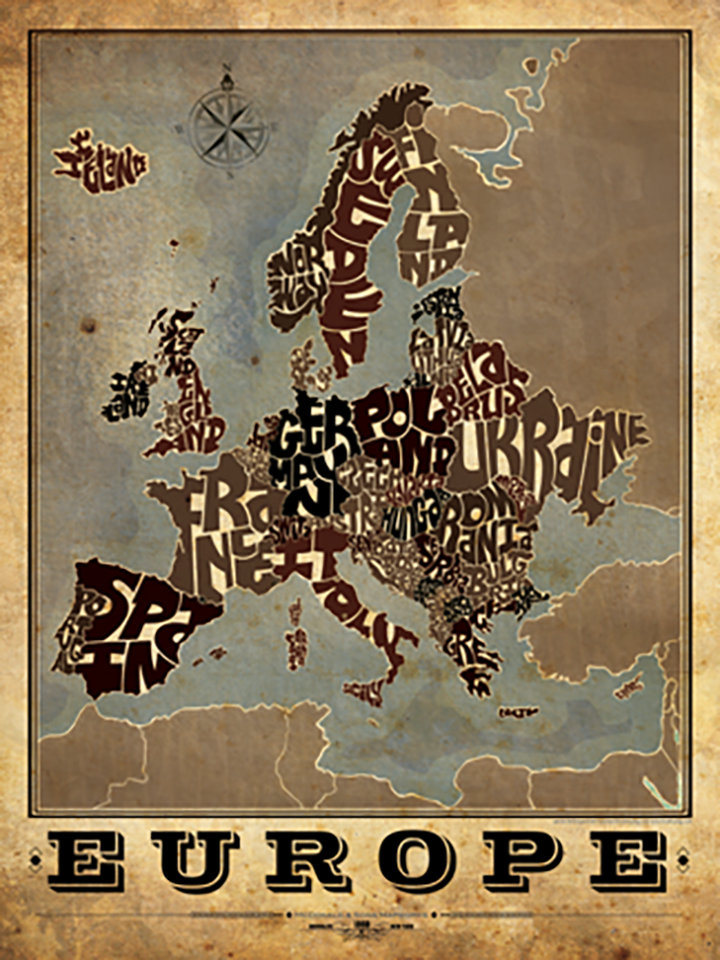 Europe Type Map – LOST DOG Art & Frame