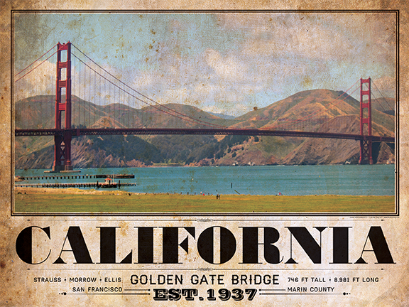 Golden Gate Bridge Span View Vintage Travel Poster
