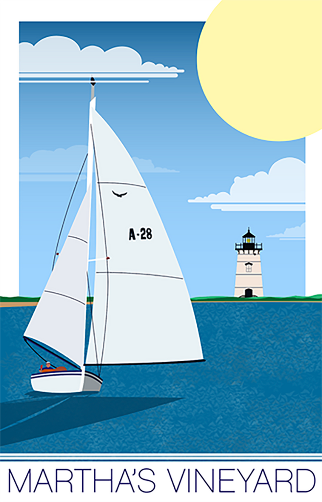 Martha's Vineyard Lighthouse & Sailboat Illustration