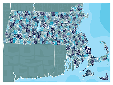 Massachusetts Hand Lettered Typography Map