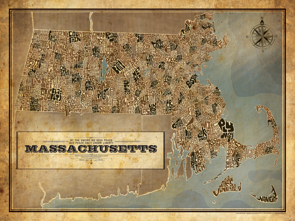 Massachusetts Hand Lettered Typography Map