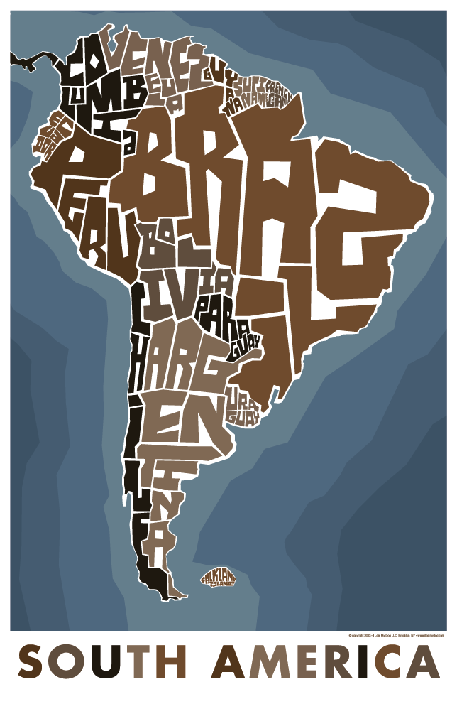 South America Countries Hand Lettered Typography Map