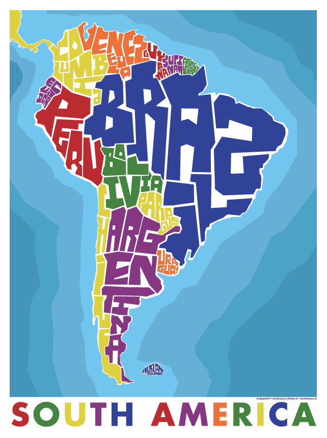 South America Countries Hand Lettered Typography Map