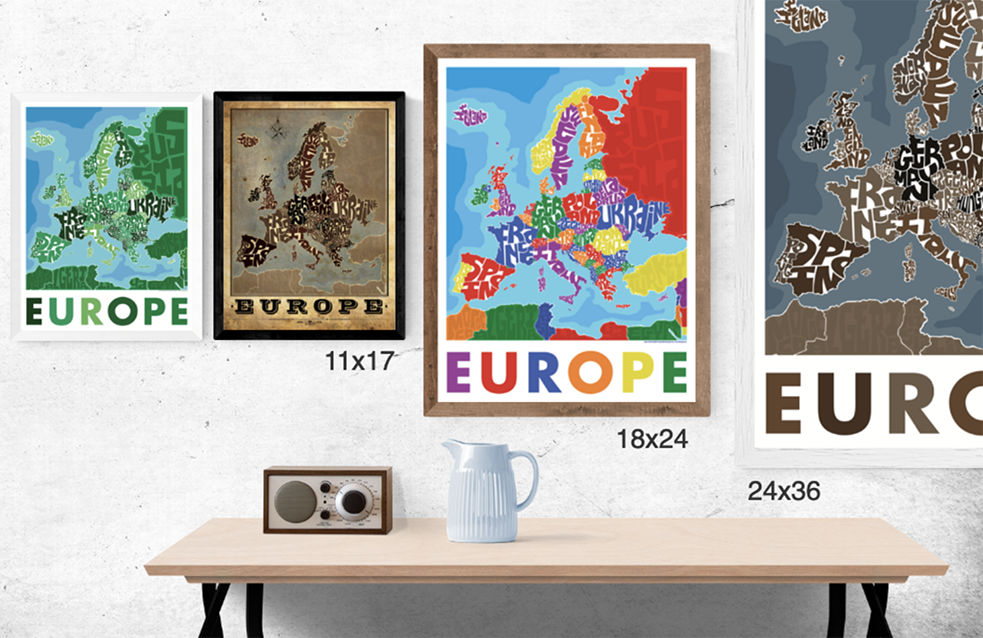 Europe Type Map – LOST DOG Art & Frame