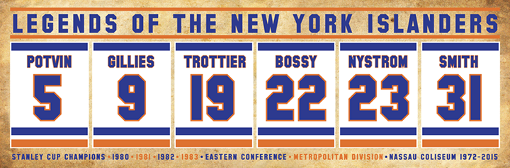  New York Islanders NHL Set of Six Vintage Hockey Jersey Posters  - Barzal, Goring, Smith, Potvin, Bossy, Trottier - 8x10 Poster Prints:  Posters & Prints