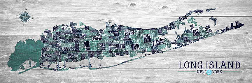 Long Island Towns Typography Map Wood Edition