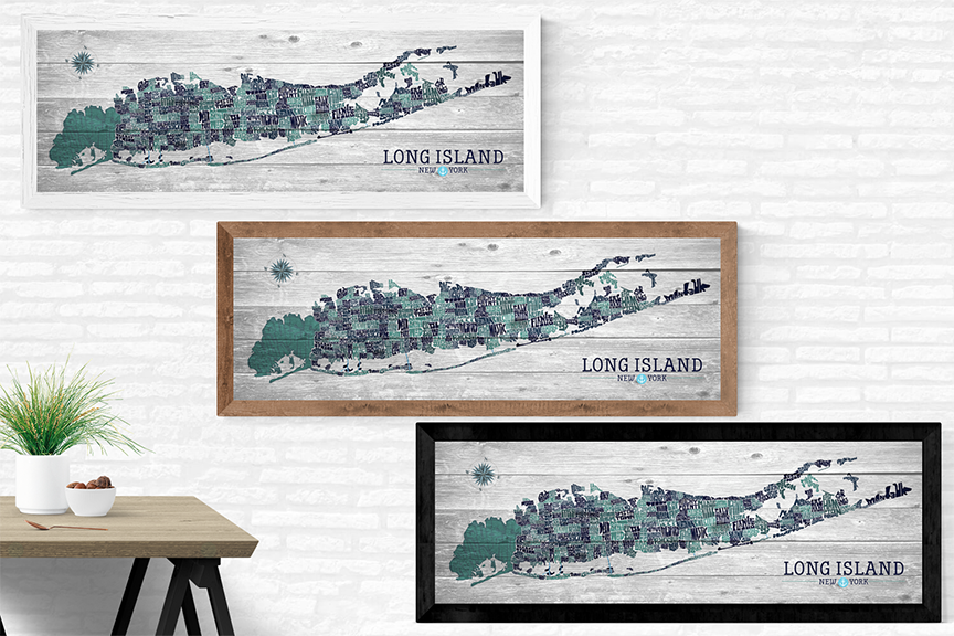 Long Island Towns Typography Map Wood Edition
